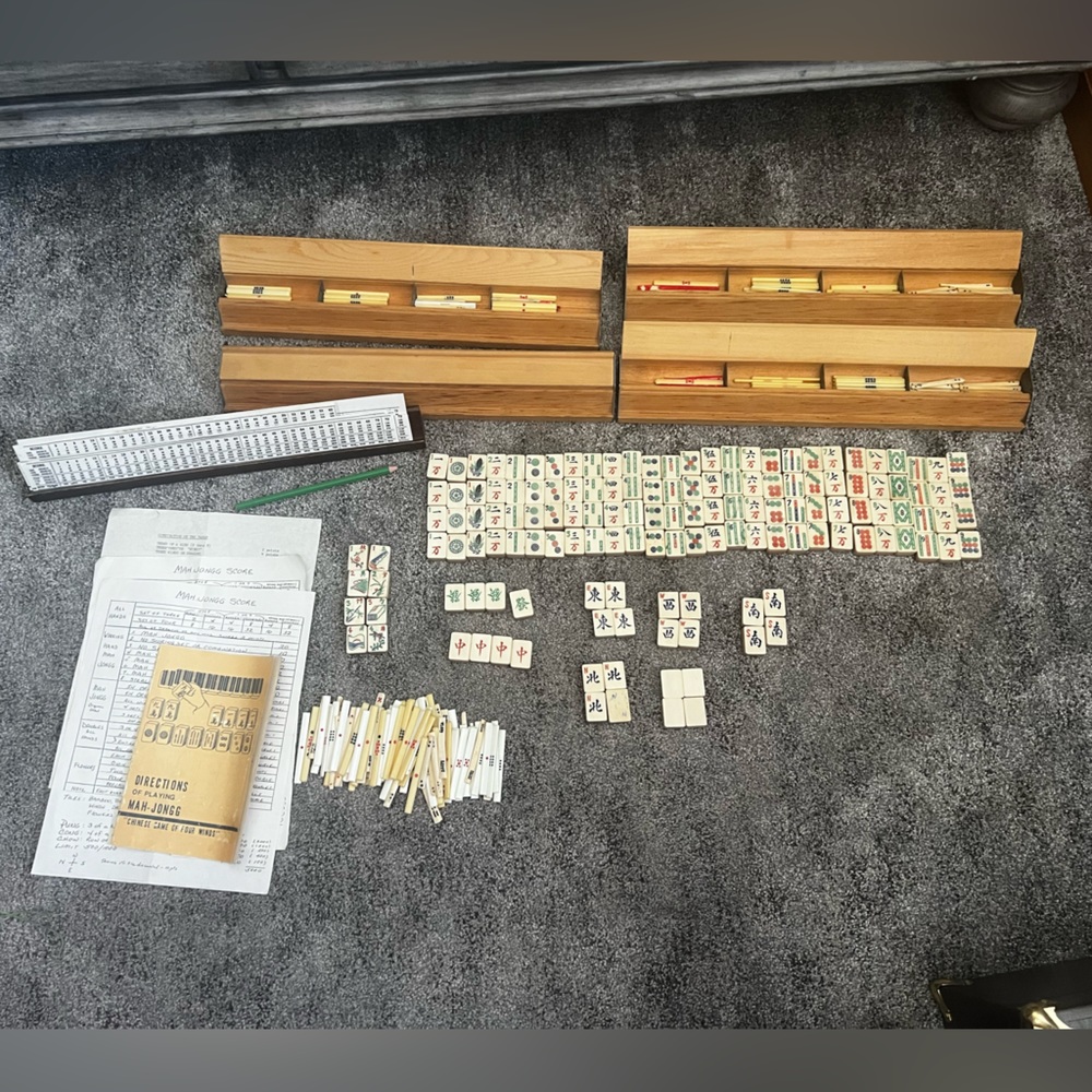 Vintage Bone & Bamboo Mah Jongg Set w Wooden Racks & Rule Book